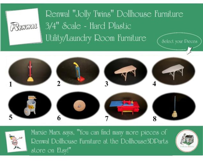 RENWAL Vintage Dollhouse Utility/Laundry Room Furniture, 1940s-1950s Style, 3/4” Scale Hard, Plastic