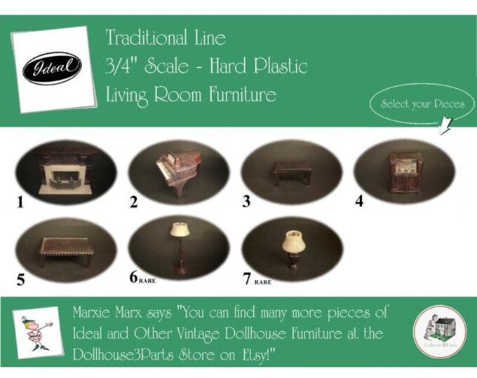 IDEAL Vintage Dollhouse Living Room Furniture, 1940s-1950s Style, 3/4” Scale, Hard Plastic
