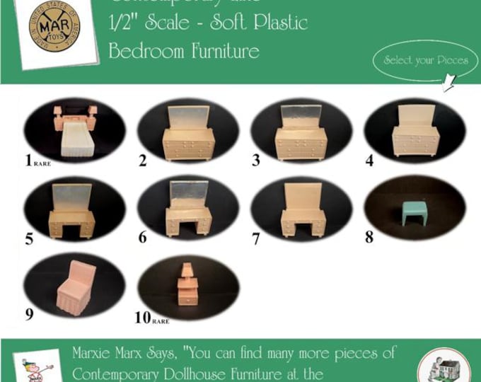 MARX Vintage Dollhouse Bedroom Furniture, Contemporary Line, 1/2" Scale, Soft Plastic