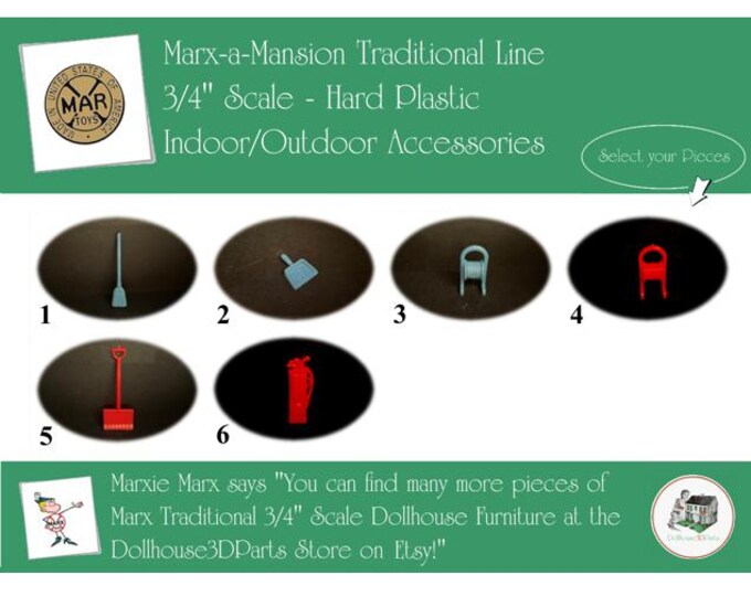 Marx Vintage Dollhouse Furniture, Marx-a-Mansion Traditional Line Outdoor/Utility Room Accessories, 3/4" Scale, HARD Plastic