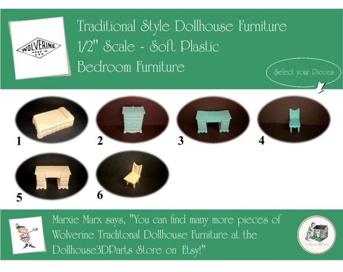 WOLVERINE Vintage Dollhouse Bedroom Furniture, 1960s Style, 1/2" Scale, Soft Plastic