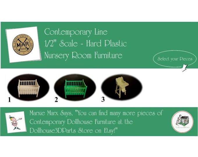 MARX Vintage Dollhouse Nursery Room Furniture, Contemporary Line, 1/2" Scale, Hard Plastic