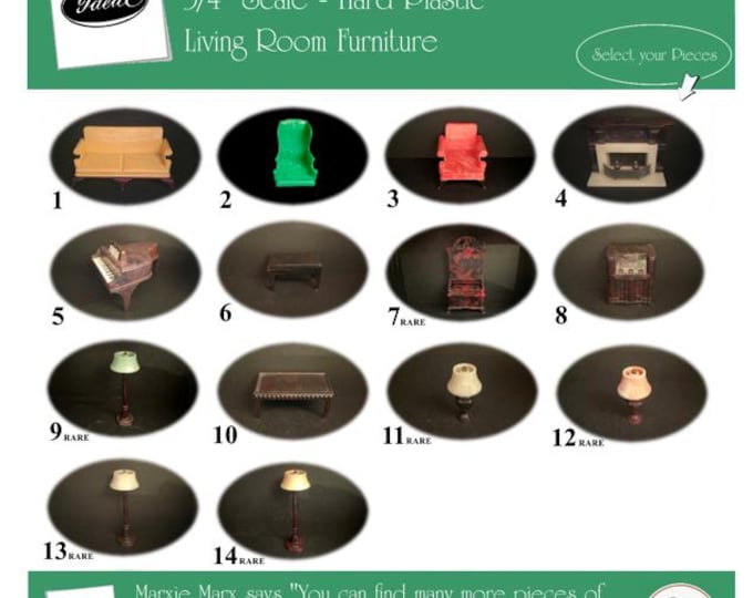 IDEAL Vintage Dollhouse Living Room Furniture, 1940s-1950s Style, 3/4” Scale, Hard Plastic
