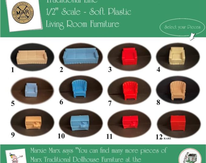 MARX Vintage Dollhouse Living Room Furniture, Traditional Line, 1/2" Scale, Soft Plastic