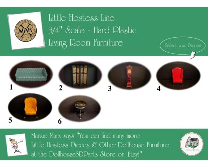 MARX Vintage Dollhouse Living Room Furniture, Little Hostess Line, 3/4" Scale, Hard Plastic