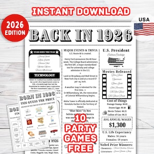 100th Birthday Trivia Fun Facts Back in 1926 Sign , 100th Birthday Party Games ,Born in 1926 Sign