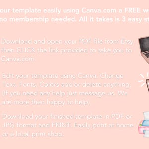 Może przedstawiać: Trzyetapowy przewodnik po edycji szablonu za pomocą Canva.com. Krok 1: Pobierz i otw&oacute;rz plik PDF z Etsy i kliknij link do Canva.com. Krok 2: Edytuj szablon za pomocą Canva, zmieniając tekst, czcionki, kolory i dodając lub usuwając dowolne elementy. Krok 3: Pobierz gotowy szablon w formacie PDF lub JPG i wydrukuj go w domu lub w lokalnym punkcie drukowania.