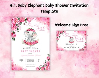 EDITABLE Blush Pink Rose Gold Elephant Baby Shower Invitation Girl Baby shower invite , Blush Pink Rose baby shower invitation template