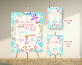 Alice in Wonderland mijlpaalbord, Alice in Onderland buitenuitnodiging, Alice in onederland-bord, uitnodiging theekransje, meisje 1e verjaardag