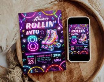 May include: A neon pink and blue birthday invitation with the text "Allison's Rollin' Into 8" and a pair of pink roller skates with neon green wheels. The invitation includes details for the party, including the date, time, and location.