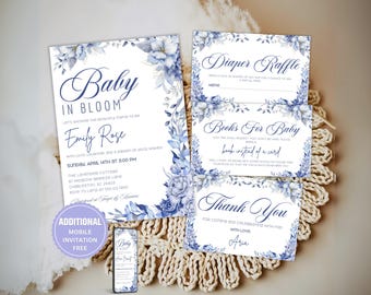 Baby in Bloom Baby Shower Invitation Bundle –Boy Baby Bloom Invite, Blue Baby in Bloom Spring Baby Shower Invite, Boy Wildflower Baby Shower