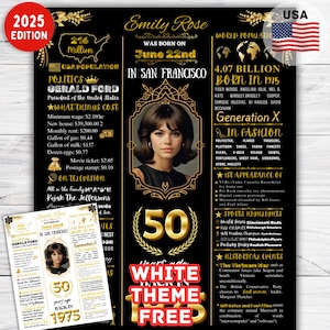 Póster de 50 cumpleaños en 1975, regalo de 50 cumpleaños para él o ella, decoraciones de 50 cumpleaños, regalos para hombres, regalos para mujeres, nacido en 1975