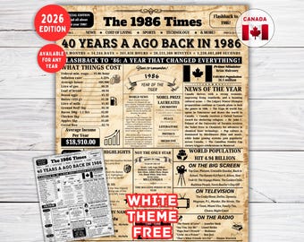 Back in 1986 Sign Canada, 40th Birthday Newspaper Sign | 40th Birthday Gift |40th Birthday Decorations , Born in 1986 Birthday