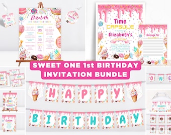 Sweet One Birthday Party Invitation Bundle , 1st birthday bundle ,Sweet One Invitation Digital Bundle ,Sweet One Donut birthday decorations