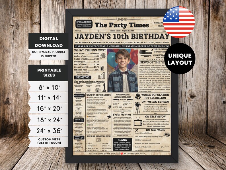 10th Birthday Newspaper Poster , 10th Birthday Gift Ideas for Boy or
