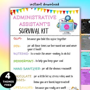 Etiquetas de regalo para el kit de supervivencia del asistente administrativo, regalos para el personal de oficina, Día del profesional administrativo, regalos de recursos humanos administrativos, Día de las secretarias editables
