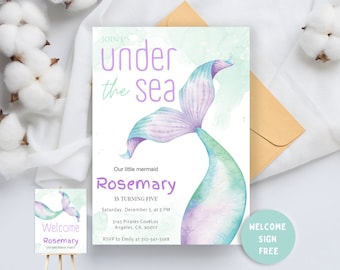Editable Under The Sea Birthday Invitation Mermaid Birthday Invitation,Pink Mermaid Invite, Under the Sea Birthday Invitation,Mermaid Invite