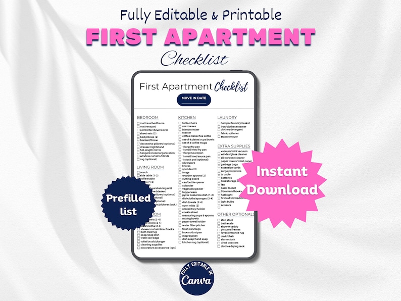 First Apartment Checklist Printable Editable Canva Template Instant