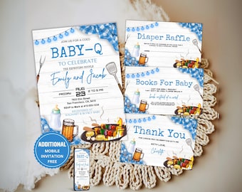 Unisex Baby-Q Invite, Ranch Baby Shower Invitation Set, Unisex Backyard Baby Sprinkle, BBQ Party Template Set, bbq baby sprinkle ,Blue Plaid