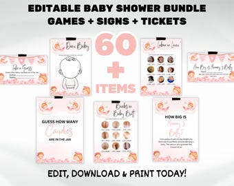 Redigerbara 60 moderna babyshower-spelpaket, minimalistiska babyshower-spelpaket, utskrivbara paket könsneutrala babyshower-spel