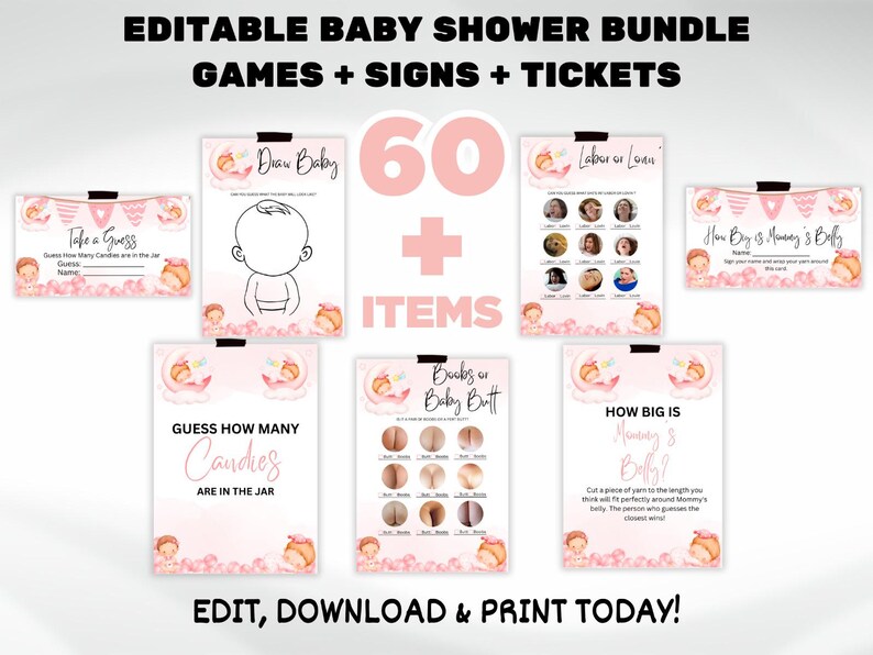 Editable 60 Modern Baby Shower Games Bundle, Minimalist Baby Shower