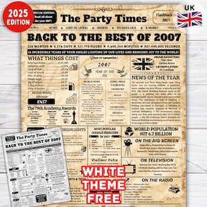Back in 2007 UK, 18.Geburtstag Zeitung, 18.Geburtstag Geschenke für Tochter / Sohn, 18.Geburtstags-Dekoration, 2007 Geburtstagsschild