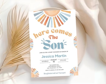 May include: A baby shower invitation with a colorful sunburst design. The text reads "here comes the Son" and includes the details of the event, including the date, time, and location. The invitation also states that the event is registered at Target.