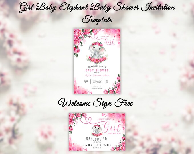 EDITABLE Blush Pink Rose Gold Elephant Baby Shower Invitation Girl ...