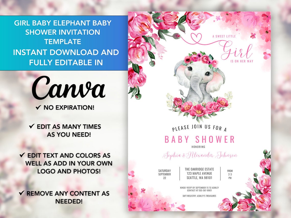 EDITABLE Blush Pink Rose Gold Elephant Baby Shower Invitation Girl Baby ...