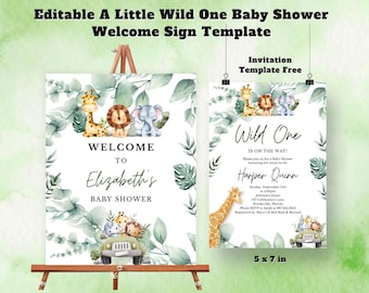 Bearbeitbar Ein kleines Wildes Babyparty-Willkommensschild, Safari-Dschungel-Babyparty-Poster, Grün-Safari-Tier-Babyparty-Dekoration