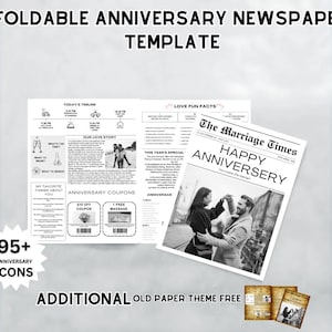 Opvouwbare krantensjabloon huwelijksverjaardag, afdrukbare poster huwelijksverjaardag, infographic voor jubileum met leuke weetjes kruiswoordraadsel