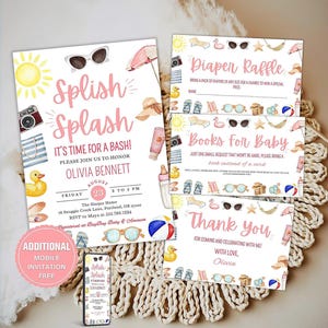 Splish Splash Baby Bash Girl Baby Shower Invitation Bundle –Beach Baby Shower ,Summer Baby Shower Invite,Pink Beach Summer Baby Shower Theme