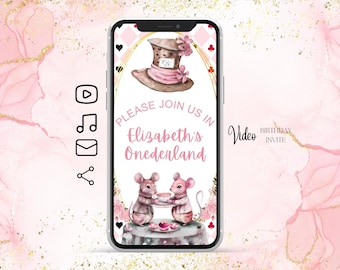 Convite em vídeo Alice no País das Maravilhas, convite digital de aniversário Alice no País das Maravilhas, convite para festa do chá da tarde, convite em vídeo para 1º aniversário