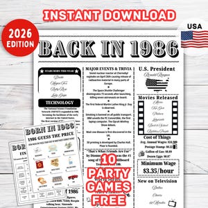 Curiosidades del 40.º cumpleaños / Cartel de 1986 / Datos curiosos de 1986 / Póster de cumpleaños de 1986 / Cartel del 40.º cumpleaños / Juegos para el 40.º cumpleaños