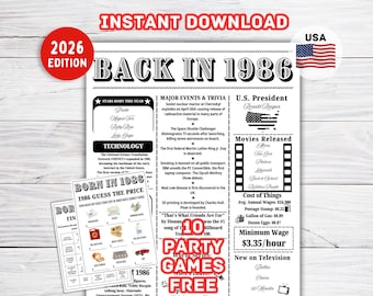 40th Birthday Trivia | Back in 1986 Sign | Fun Facts 1986 Trivia | Birthday Poster 1986 | 40th birthday sign | 40th Birthday games