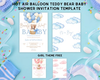 Editable Teddy Bear Hot Air Balloon Bear Theme Baby Shower Invitation We Can Bearly Wait Invites Template Instant Download