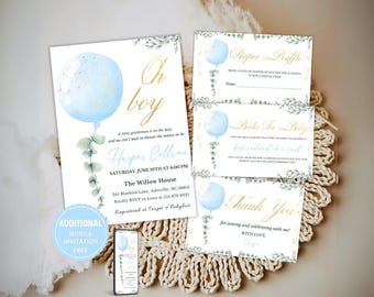 Oh Boy Baby Shower Invitation Set , Blue Balloon & Eucalyptus Boy Baby Shower Invite, Blue Balloon Baby Shower Invitation, Oh Boy Invitation