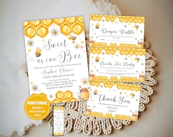 May include: A collection of baby shower stationery with a bee motif. The invitations and inserts display honeycomb designs, bees, and daisies. The main invitation reads "Sweet as can Bee" with event information. Inserts include a diaper raffle, books for baby, and thank you cards.