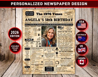 Custom Birthday Newspaper Poster, Any Age, Any Year - Digital Delivery ( Birthday Gift )
