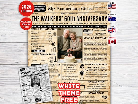 60th Wedding Anniversary Gift for Parents,1966 Diamond Anniversary Gift ,Back in 1966 Newspaper Sign, Diamond Anniversary Gift for Parents