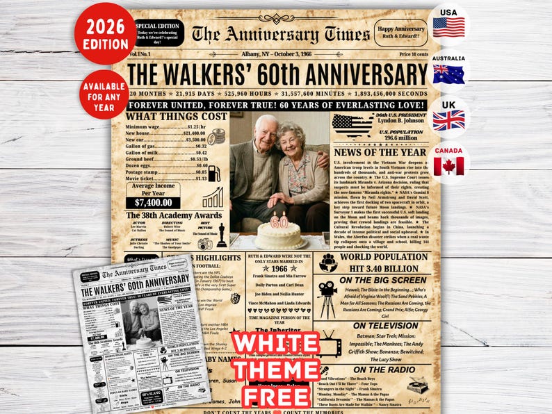 60th Wedding Anniversary Gift for Parents,1966 Diamond Anniversary Gift