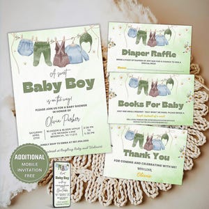 Boho Es ist ein Junge-Babyparty-Einladungs-Paket | Grün Boho Boy Baby Shower Einladen Pack | Babypartyeinladung, Jungen-Baby-Kleidung-Babyparty