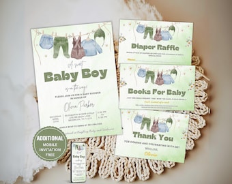 Boho It's a Boy Baby Shower Invitation Bundle | Green Boho Boy Baby Shower Invite Pack | Baby Shower Invite, Boy Baby Clothes Baby Shower