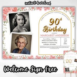 90e verjaardagsuitnodiging met foto en welkomstbord 90e verjaardag – vrouwelijke roze uitnodiging voor 90e verjaardagsfeestje van vrouwen, 90e foto-uitnodiging