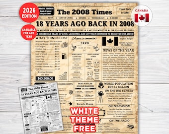 Back in 2008 Sign Canada , 18th Birthday Newspaper Poster sign, 18th birthday Gifts ,18th Birthday Decorations ,Born in 2008