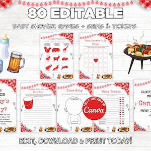 以下が含まれることがあります： ピクニックをテーマにしたベビーシャワーゲームとサインのコレクション。デザインには、哺乳瓶、ベビーシューズ、ビールジョッキが含まれています。「80 Editable Baby Shower Games + Signs & Tickets」と書かれています。「How Big is Mommy's Belly?」や「Guess How Many Candies Are in the Jar」などのゲームがあります。