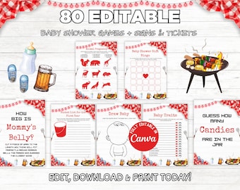 Bewerkbare rode Baby-Q babyshowergamebundel | Afdrukbare achtertuin BBQ-babyshowergames | Spellen voor babystrooisel | Baby-Q-feestactiviteiten 02