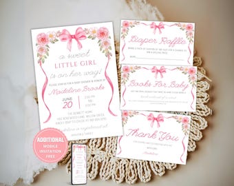 Pink Bow Baby Shower Invitation Bundle – Minimalist Pink Ribbon Baby Shower Invite, Girl Pink Bow Baby Shower Theme , Pink Bow Girl Theme