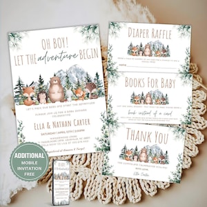 Adventure Awaits Baby Shower Invitation Bundle – Boy Adventure Baby Shower, Woodland Adventure Invite , Editable Woodland Baby Shower Theme