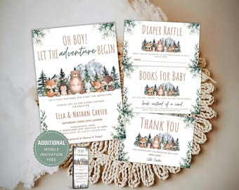 May include: A set of four printable baby shower cards with a woodland theme. The cards feature a brown bear, a fox, a deer, and a squirrel. The text on the cards reads "Oh Boy! Let the Adventure Begin", "Diaper Raffle", "Books for Baby", and "Thank You".